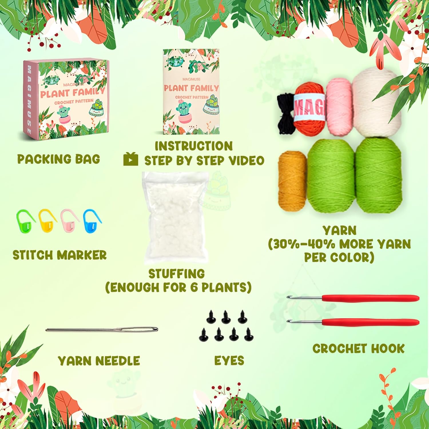 MAGIMUSE Crochet Kit for Beginners. Crochet Starter Kits. Amigurumi Craft Knitting Crocheting Kits with Step-by-Step Video Tutorials. 6 Pack Hanging Potted Plants Family(40%+ Yarn - Image 3