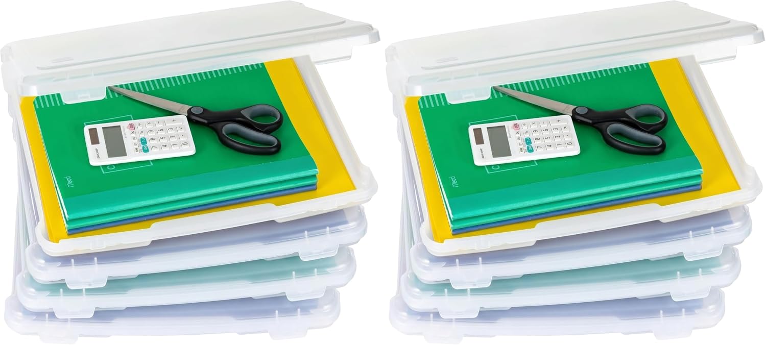 IRIS USA Board Game Storage Craft Organizer Box with Snap-Tight Latch Lid. 8-Pack Portable Plastic Case Bin for Puzzles. Magazines. Hobbies. Art Supplies. Fits 8.5 x 11 & A4 Papers. Slim. Clear