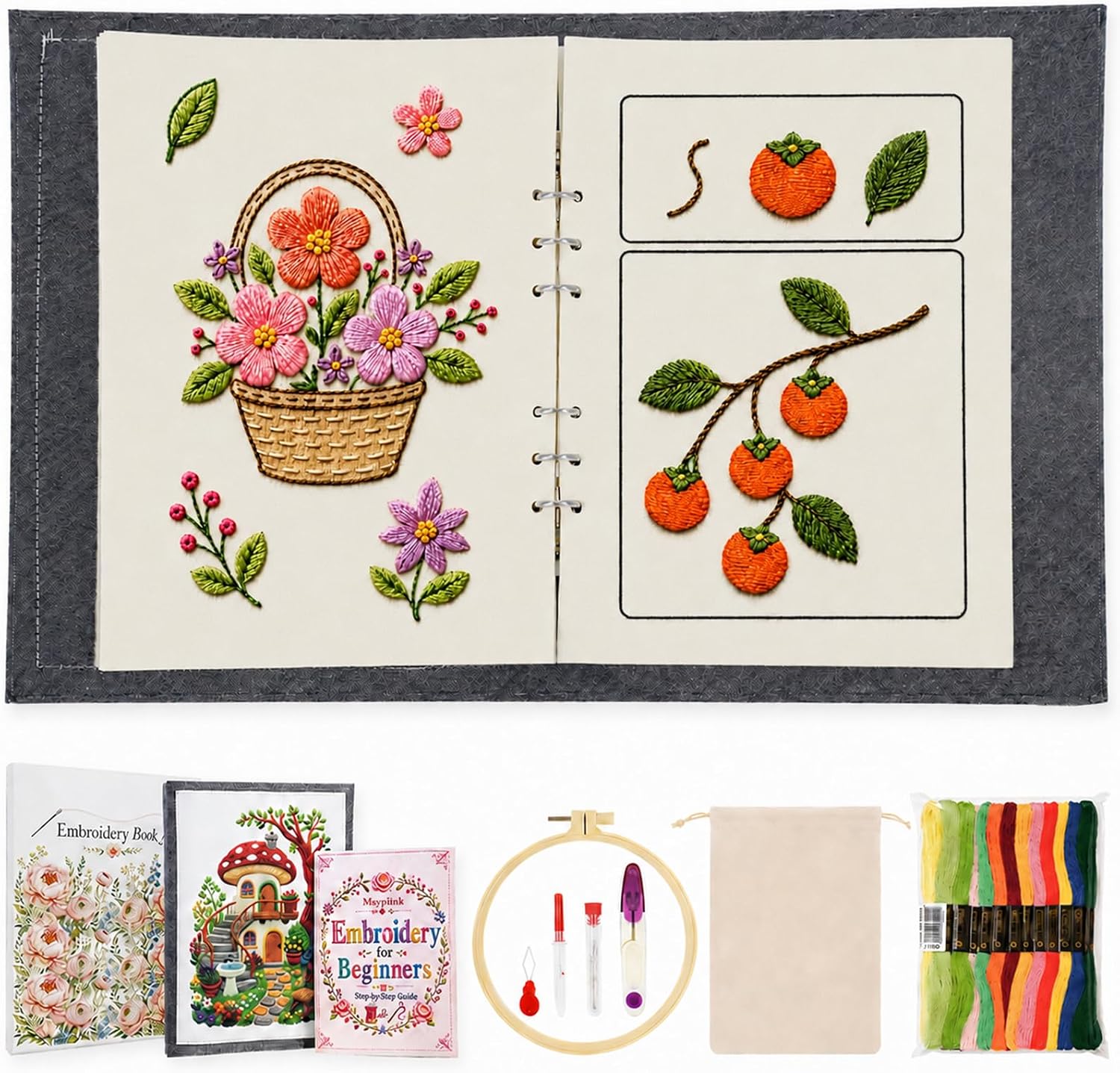 Msvphink Embroidery Stitch Book for Beginners. 73 Larger Patterns for Adults Seniors. Removable Pages. 24-Color Thread DIY Kit with Instructions