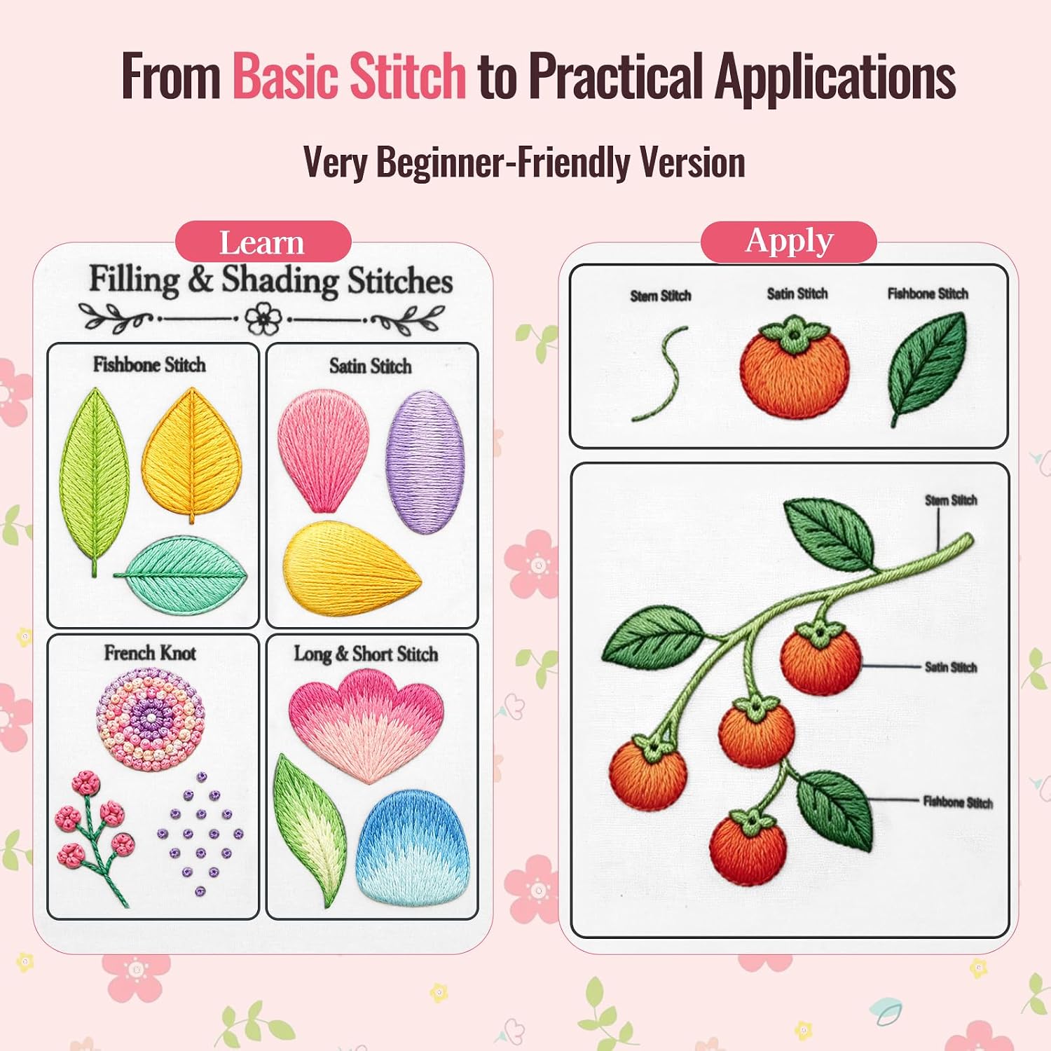 Msvphink Embroidery Stitch Book for Beginners. 73 Larger Patterns for Adults Seniors. Removable Pages. 24-Color Thread DIY Kit with Instructions - Image 5