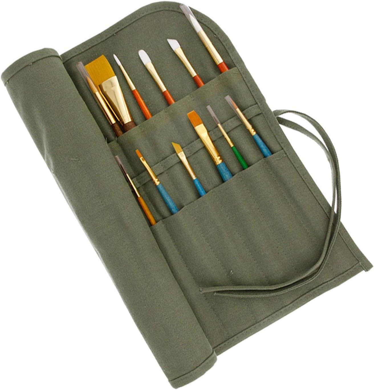 U.S. Art Supply Deluxe Canvas Art Paint Brush Holder & Storage Organizer Roll-Up Case Bag - 24 Slot Pockets Carry Pouch - Protect Artist Acrylic Oil Watercolor Paintbrushes - Store Pencils. Pens Tools