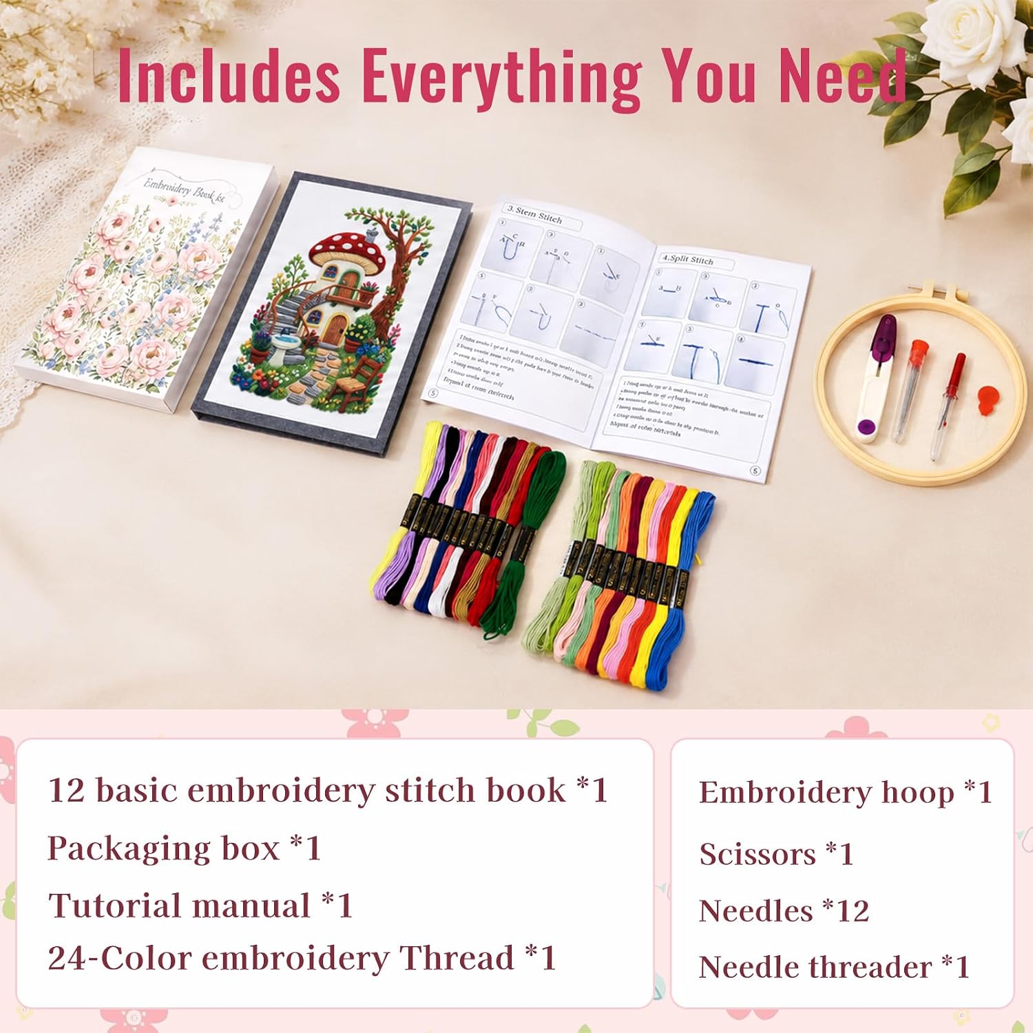 Msvphink Embroidery Stitch Book for Beginners. 73 Larger Patterns for Adults Seniors. Removable Pages. 24-Color Thread DIY Kit with Instructions - Image 3