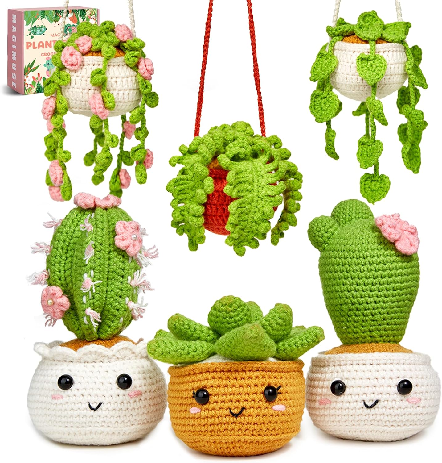 MAGIMUSE Crochet Kit for Beginners. Crochet Starter Kits. Amigurumi Craft Knitting Crocheting Kits with Step-by-Step Video Tutorials. 6 Pack Hanging Potted Plants Family(40%+ Yarn