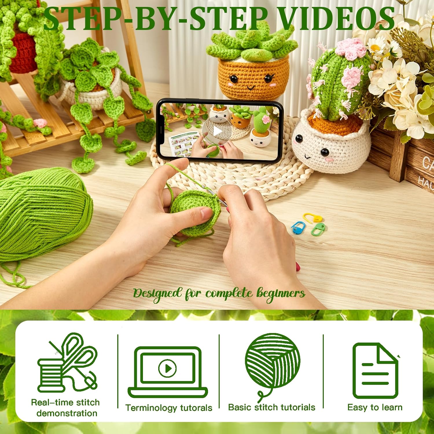 MAGIMUSE Crochet Kit for Beginners. Crochet Starter Kits. Amigurumi Craft Knitting Crocheting Kits with Step-by-Step Video Tutorials. 6 Pack Hanging Potted Plants Family(40%+ Yarn - Image 4