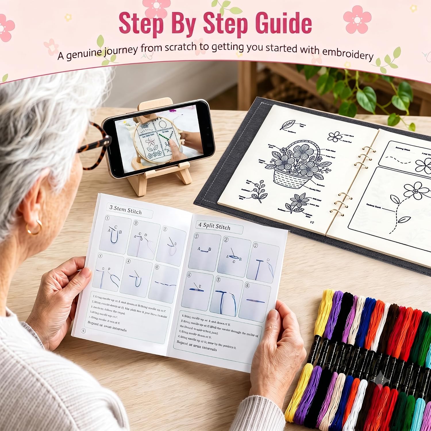 Msvphink Embroidery Stitch Book for Beginners. 73 Larger Patterns for Adults Seniors. Removable Pages. 24-Color Thread DIY Kit with Instructions - Image 4