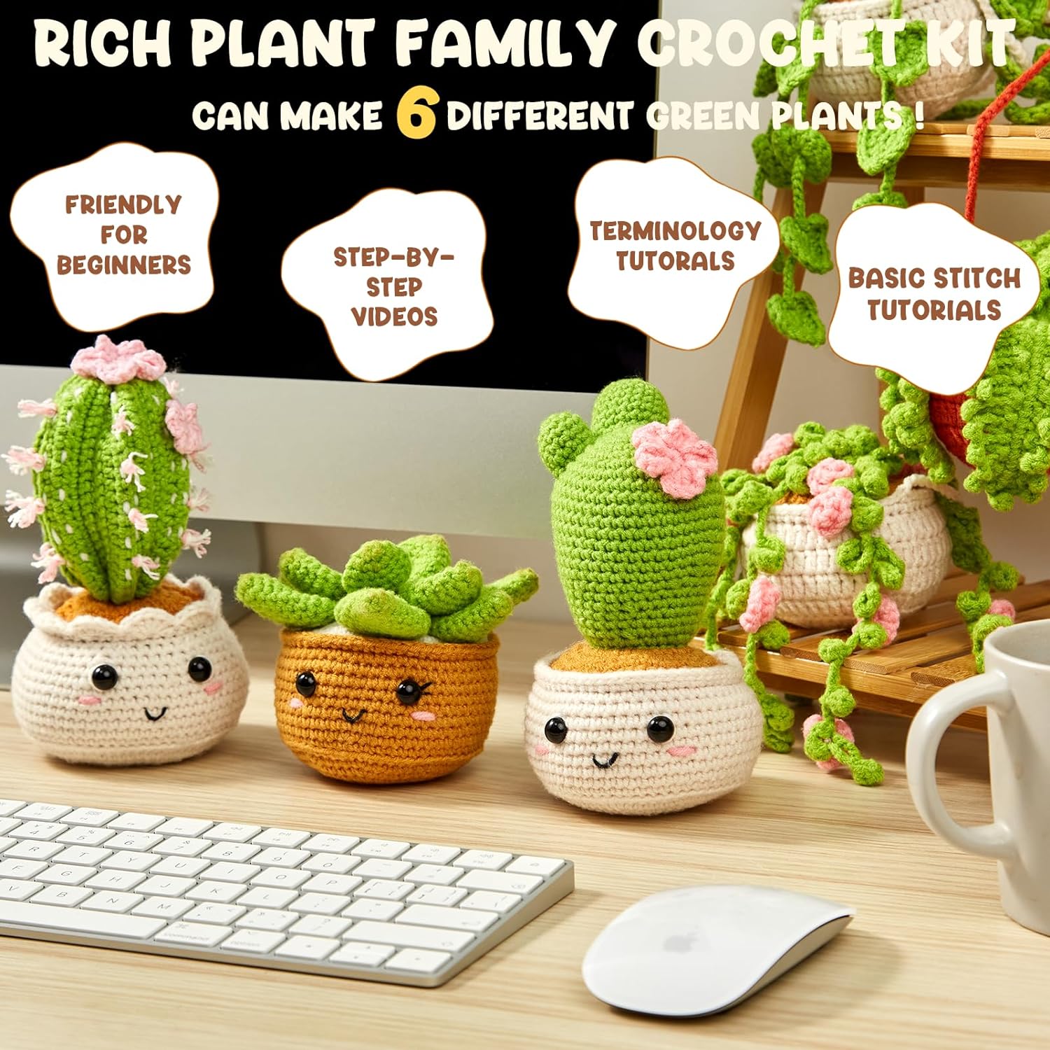 MAGIMUSE Crochet Kit for Beginners. Crochet Starter Kits. Amigurumi Craft Knitting Crocheting Kits with Step-by-Step Video Tutorials. 6 Pack Hanging Potted Plants Family(40%+ Yarn - Image 5