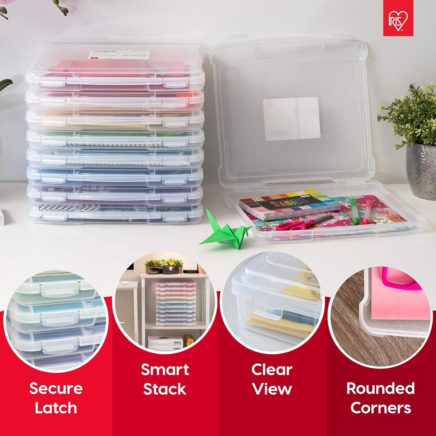 IRIS USA Board Game Storage Craft Organizer Box with Snap-Tight Latch Lid. 8-Pack Portable Plastic Case Bin for Puzzles. Magazines. Hobbies. Art Supplies. Fits 8.5 x 11 & A4 Papers. Slim. Clear - Image 3