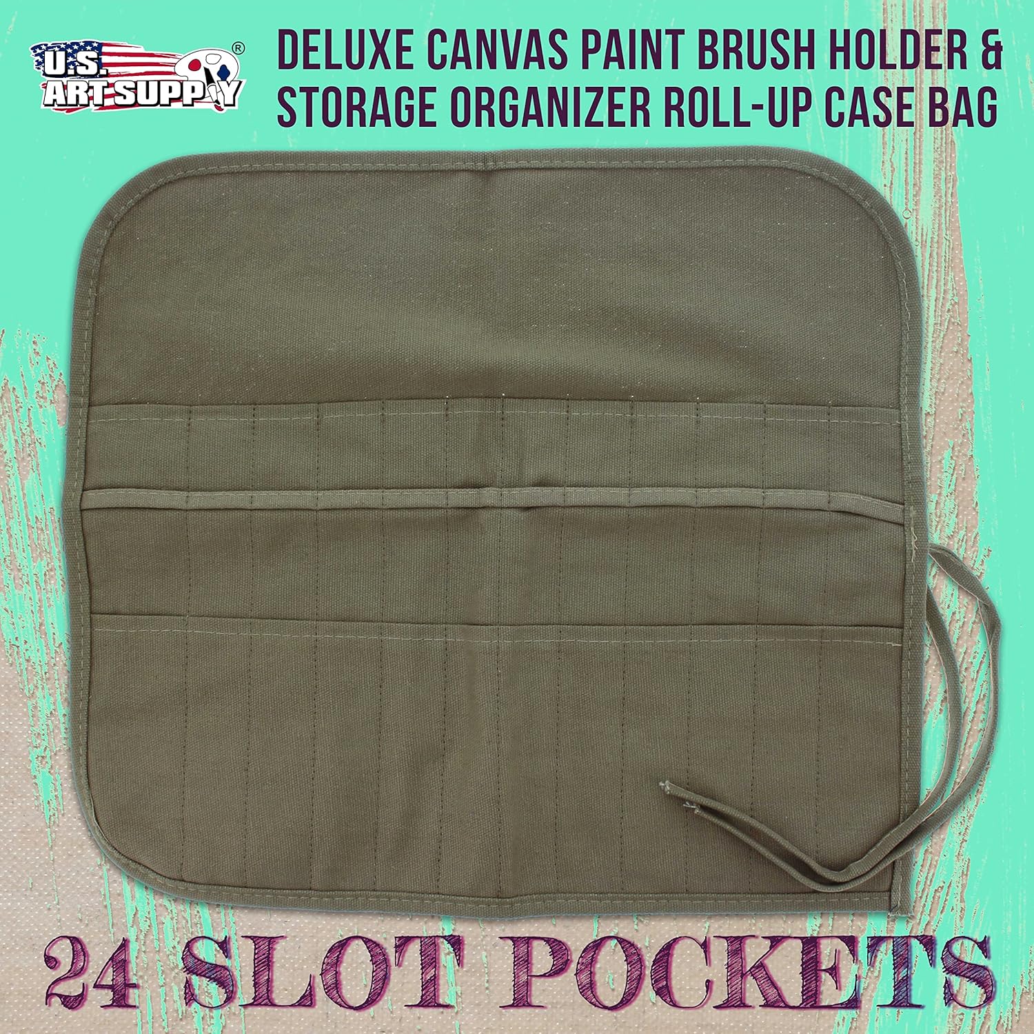 U.S. Art Supply Deluxe Canvas Art Paint Brush Holder & Storage Organizer Roll-Up Case Bag - 24 Slot Pockets Carry Pouch - Protect Artist Acrylic Oil Watercolor Paintbrushes - Store Pencils. Pens Tools - Image 2