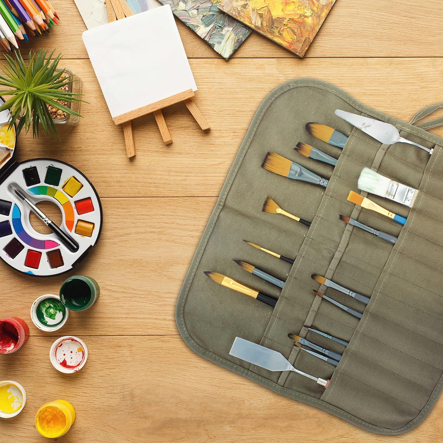 U.S. Art Supply Deluxe Canvas Art Paint Brush Holder & Storage Organizer Roll-Up Case Bag - 24 Slot Pockets Carry Pouch - Protect Artist Acrylic Oil Watercolor Paintbrushes - Store Pencils. Pens Tools - Image 6