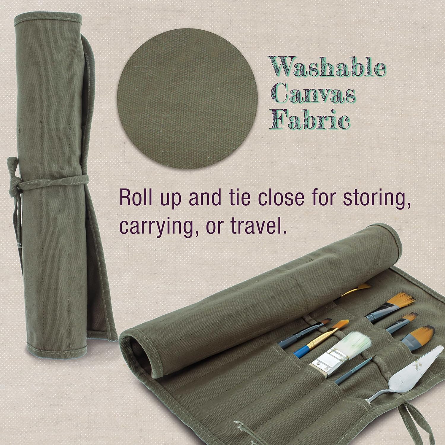 U.S. Art Supply Deluxe Canvas Art Paint Brush Holder & Storage Organizer Roll-Up Case Bag - 24 Slot Pockets Carry Pouch - Protect Artist Acrylic Oil Watercolor Paintbrushes - Store Pencils. Pens Tools - Image 5