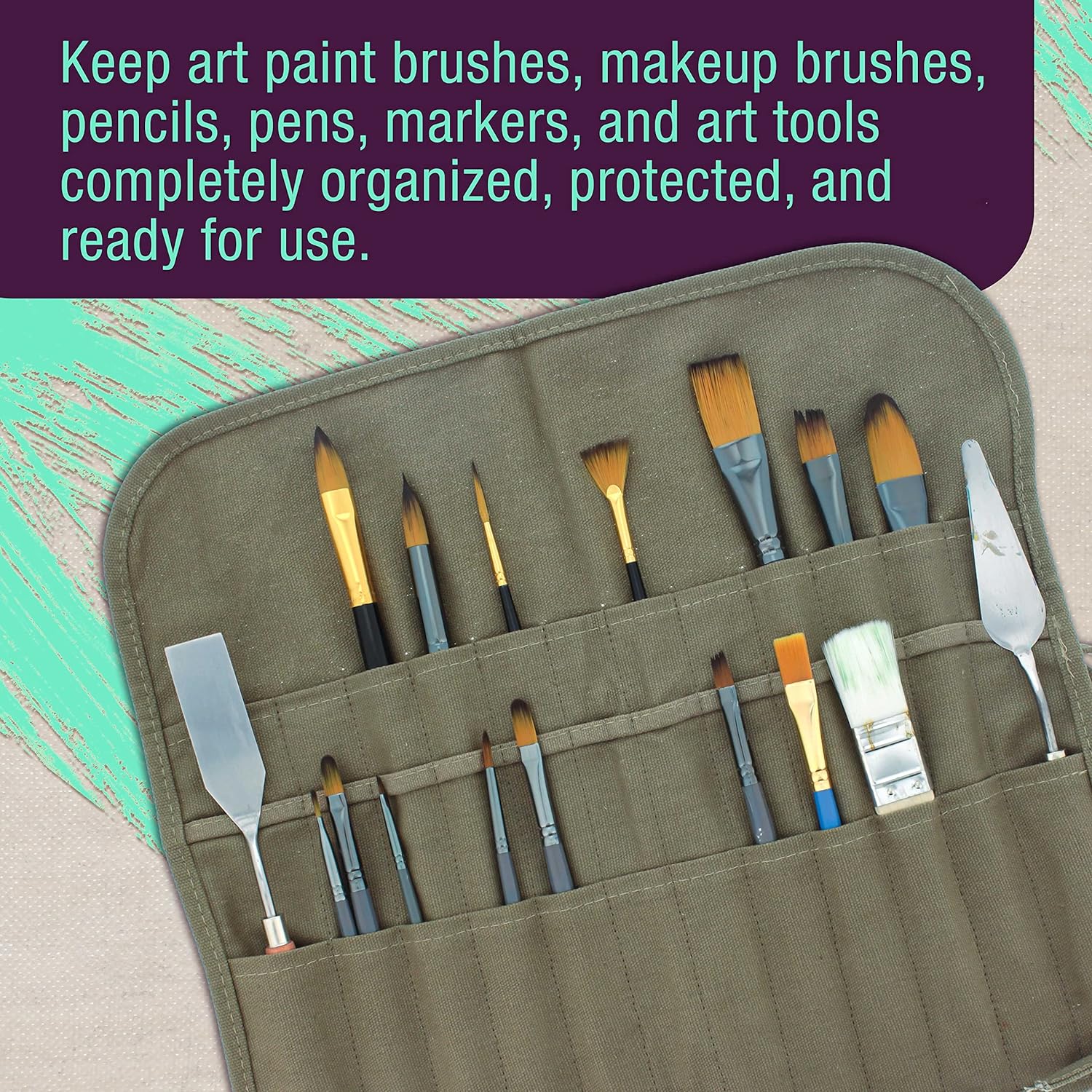 U.S. Art Supply Deluxe Canvas Art Paint Brush Holder & Storage Organizer Roll-Up Case Bag - 24 Slot Pockets Carry Pouch - Protect Artist Acrylic Oil Watercolor Paintbrushes - Store Pencils. Pens Tools - Image 3